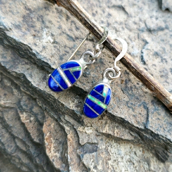 Vtg Genuine Lapis Opal Mosaic Silver Drop Earrings - Picture 6 of 16